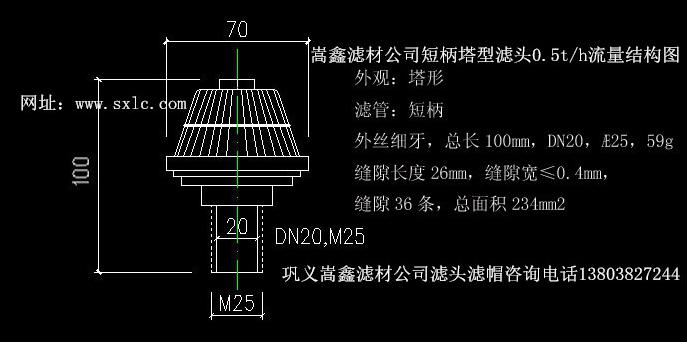 過(guò)濾器用0.5T/h流量塔形濾頭濾帽結(jié)構(gòu)圖